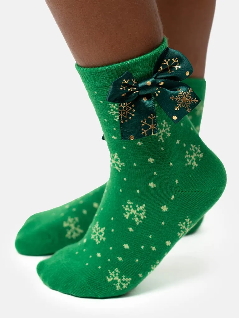 Baby Girl Christmas Snowflake Sparkle Ankle Socks - Green