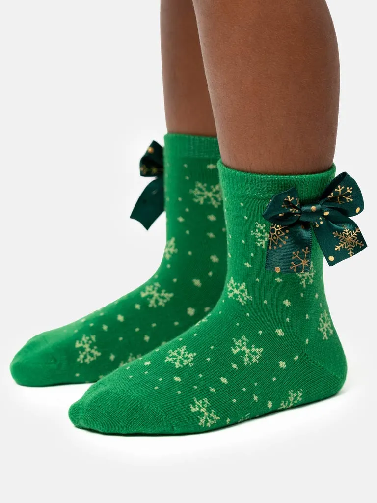 Baby Girl Christmas Snowflake Sparkle Ankle Socks - Green