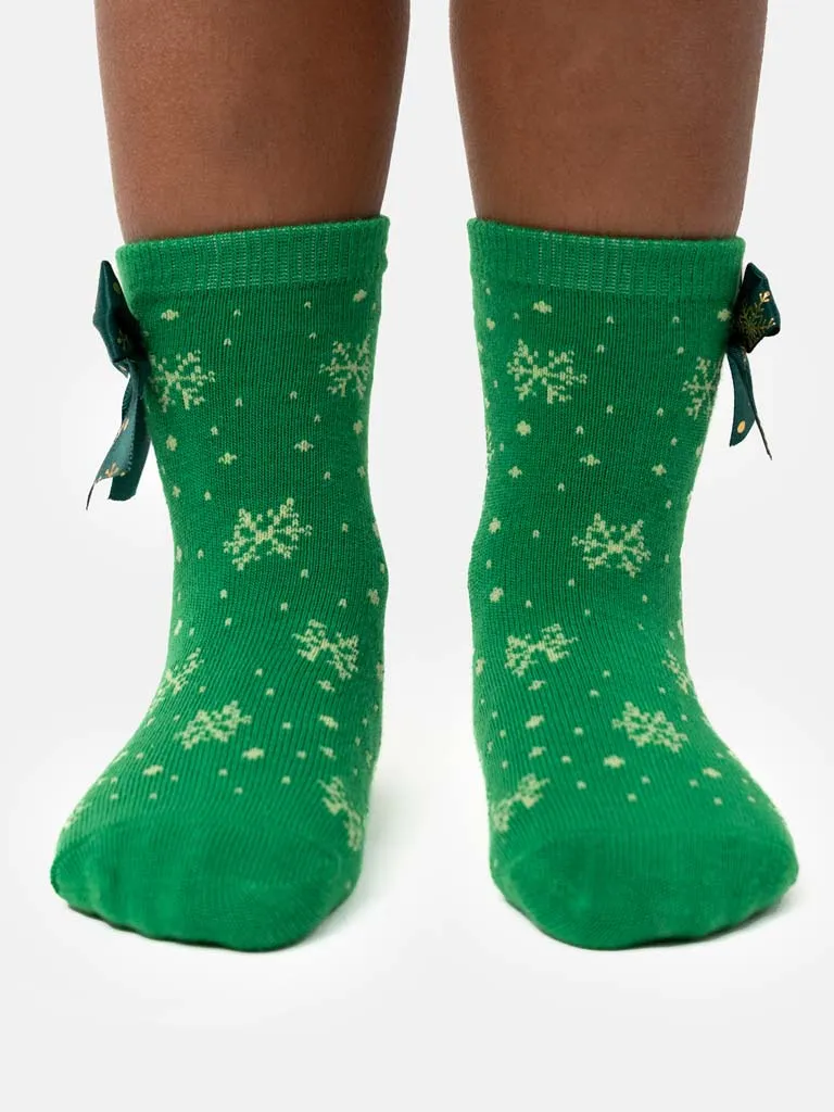 Baby Girl Christmas Snowflake Sparkle Ankle Socks - Green