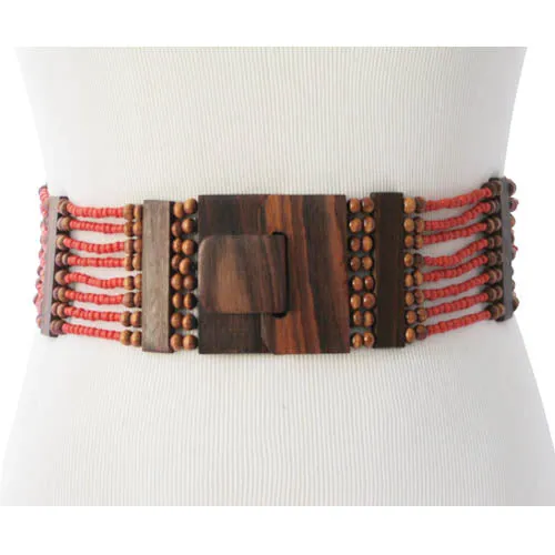 Beaded Women's Belt- Coral Red with Wood Dividers and Wood Buckle