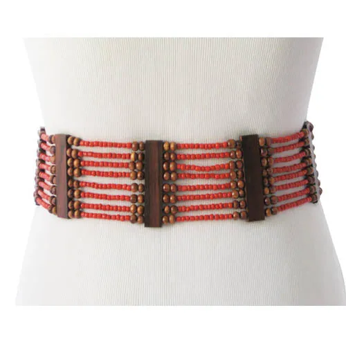 Beaded Women's Belt- Coral Red with Wood Dividers and Wood Buckle