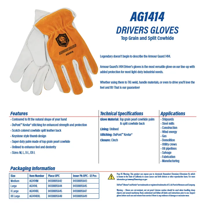 Driving Gloves - Leather Work Gloves - Armour Guard AG-1414 - PPE -Super Premium Pearl Cowhide Palm with Cowhide Split Drivers Glove, Unlined