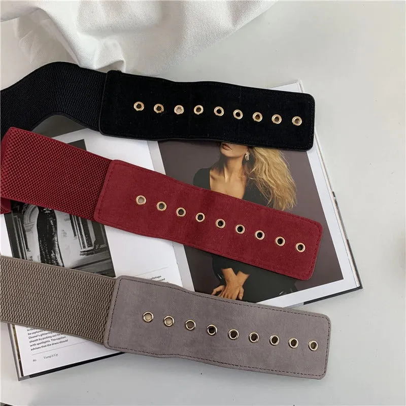 Elastic Wide Vegan Leather Waist Belts with Metal Buckle