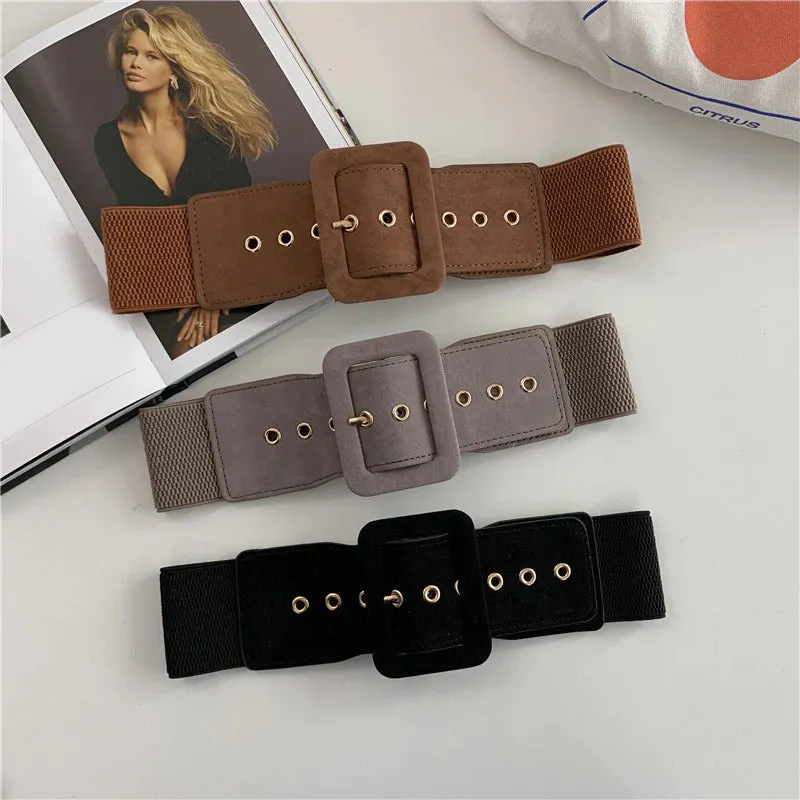 Elastic Wide Vegan Leather Waist Belts with Metal Buckle