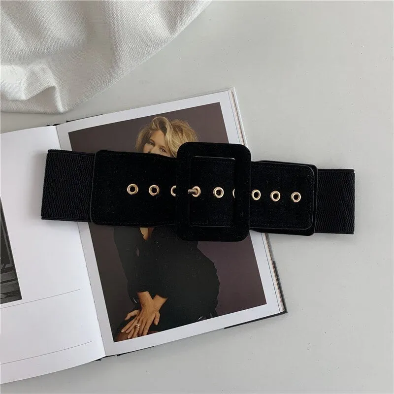 Elastic Wide Vegan Leather Waist Belts with Metal Buckle