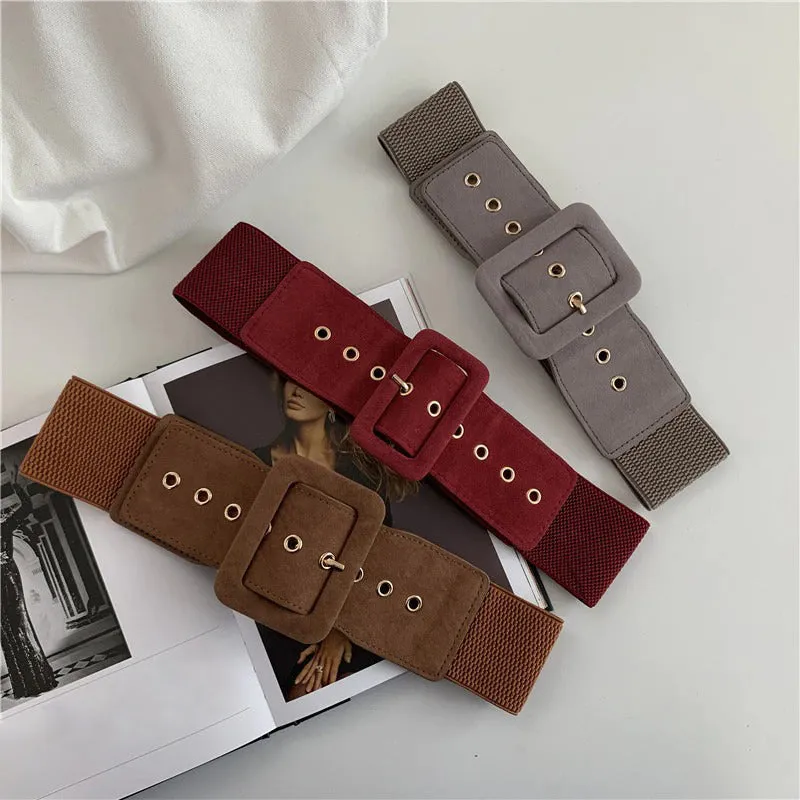 Elastic Wide Vegan Leather Waist Belts with Metal Buckle