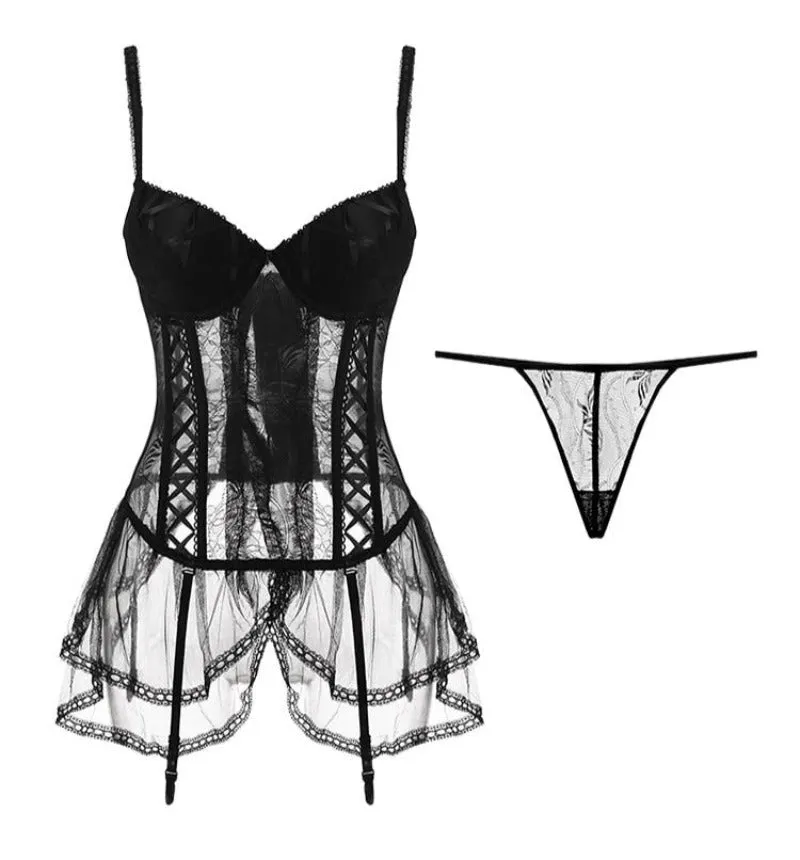 Erotic Transparent Black Corset Bodysuit Gothic Lingerie with Garter Belts