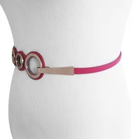 Fuchsia Textured Ecru Faux Leather Belt With Polished Bronze Circle