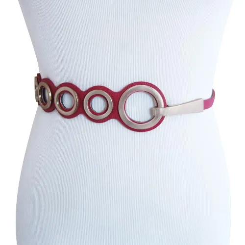 Fuchsia Textured Ecru Faux Leather Belt With Polished Bronze Circle