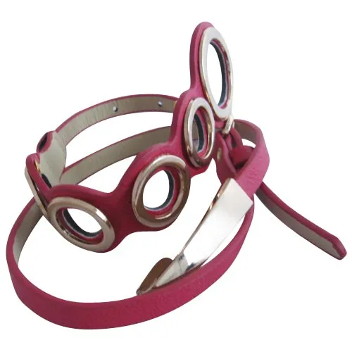 Fuchsia Textured Ecru Faux Leather Belt With Polished Bronze Circle