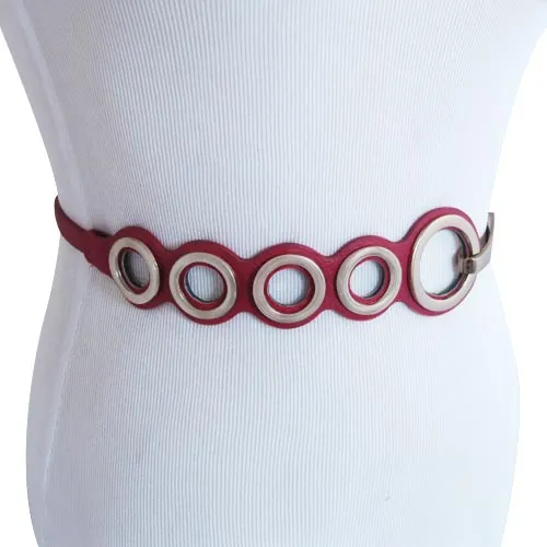 Fuchsia Textured Ecru Faux Leather Belt With Polished Bronze Circle