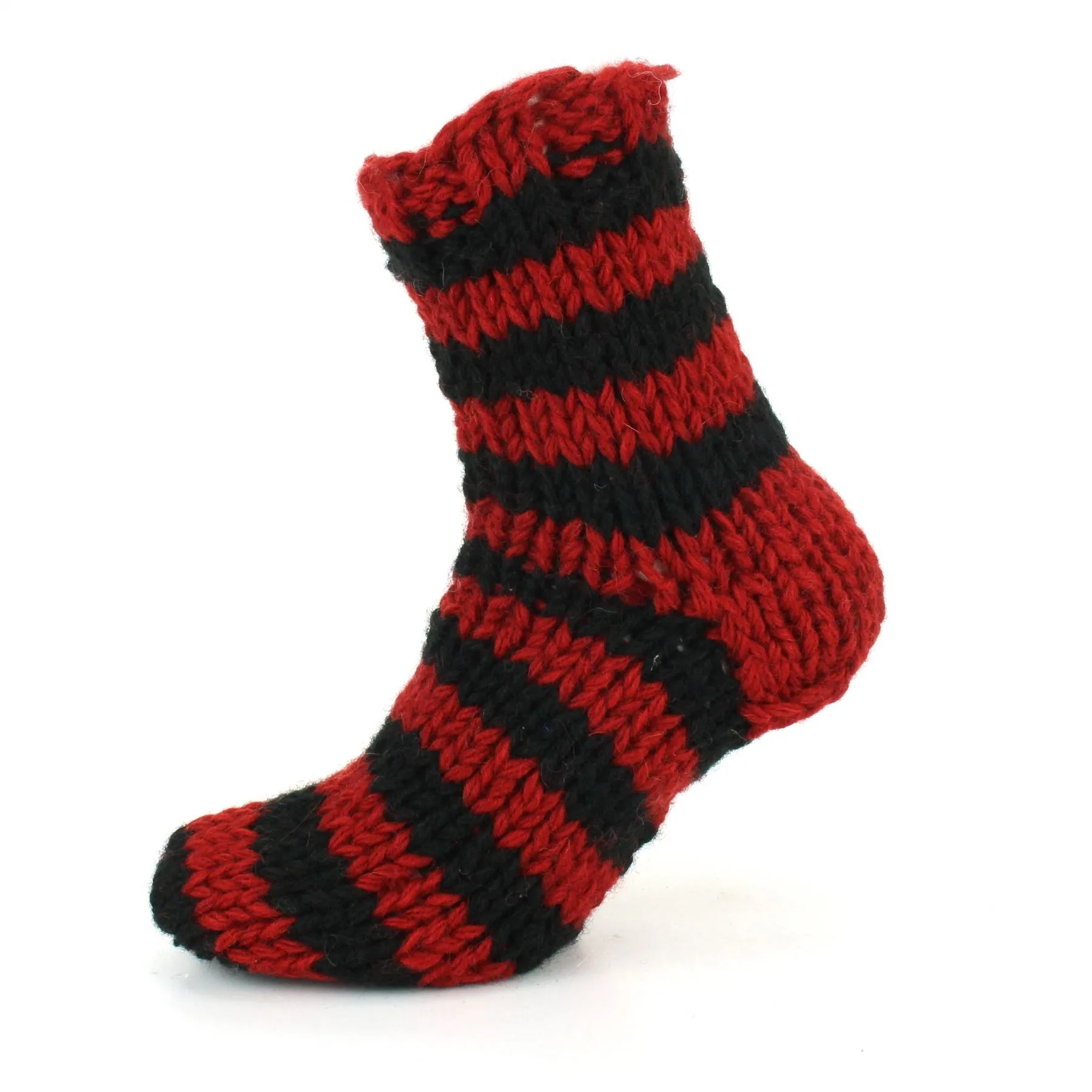 Hand Knitted Wool Ankle Socks - Stripe Red Black