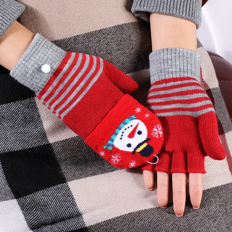 Knitted Flip Christmas Elk Printed Warm Touchscreen Half Finger Winter Christmas Glove