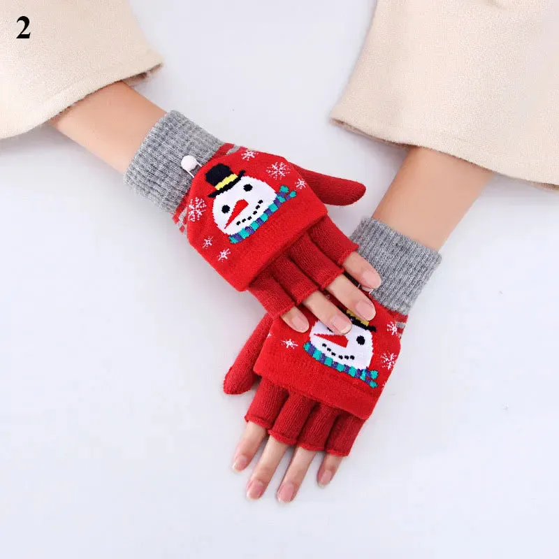 Knitted Flip Christmas Elk Printed Warm Touchscreen Half Finger Winter Christmas Glove