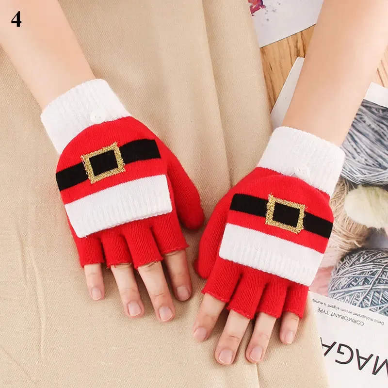 Knitted Flip Christmas Elk Printed Warm Touchscreen Half Finger Winter Christmas Glove