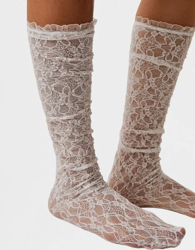 Lace Knee High Socks - White