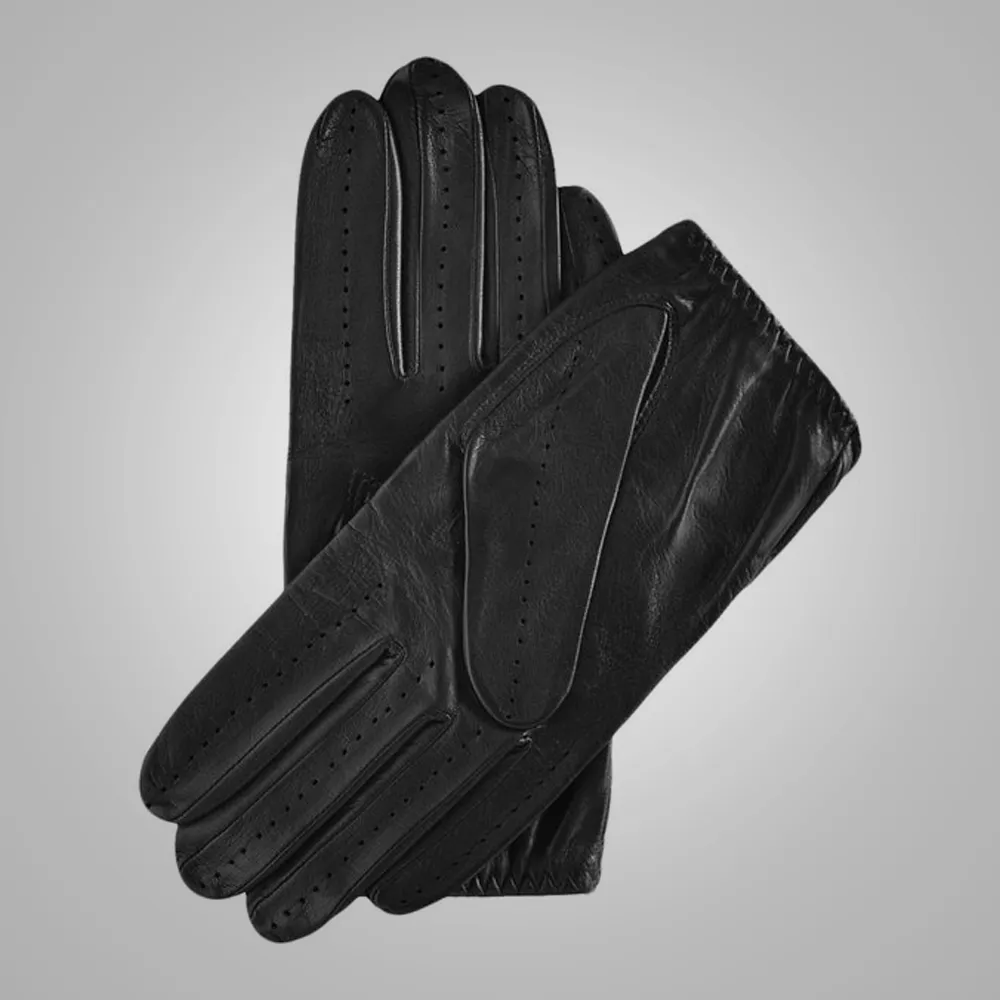 Mens Black Soft Faleible Leather Comfortable Lambskin Leather Driving Gloves