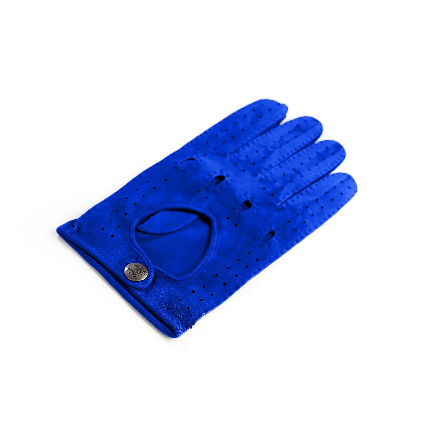 Men's unlined hand-stitched suede driving gloves in elctric blu color with button closure