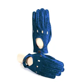 Men's unlined hand-stitched suede driving gloves with button closure