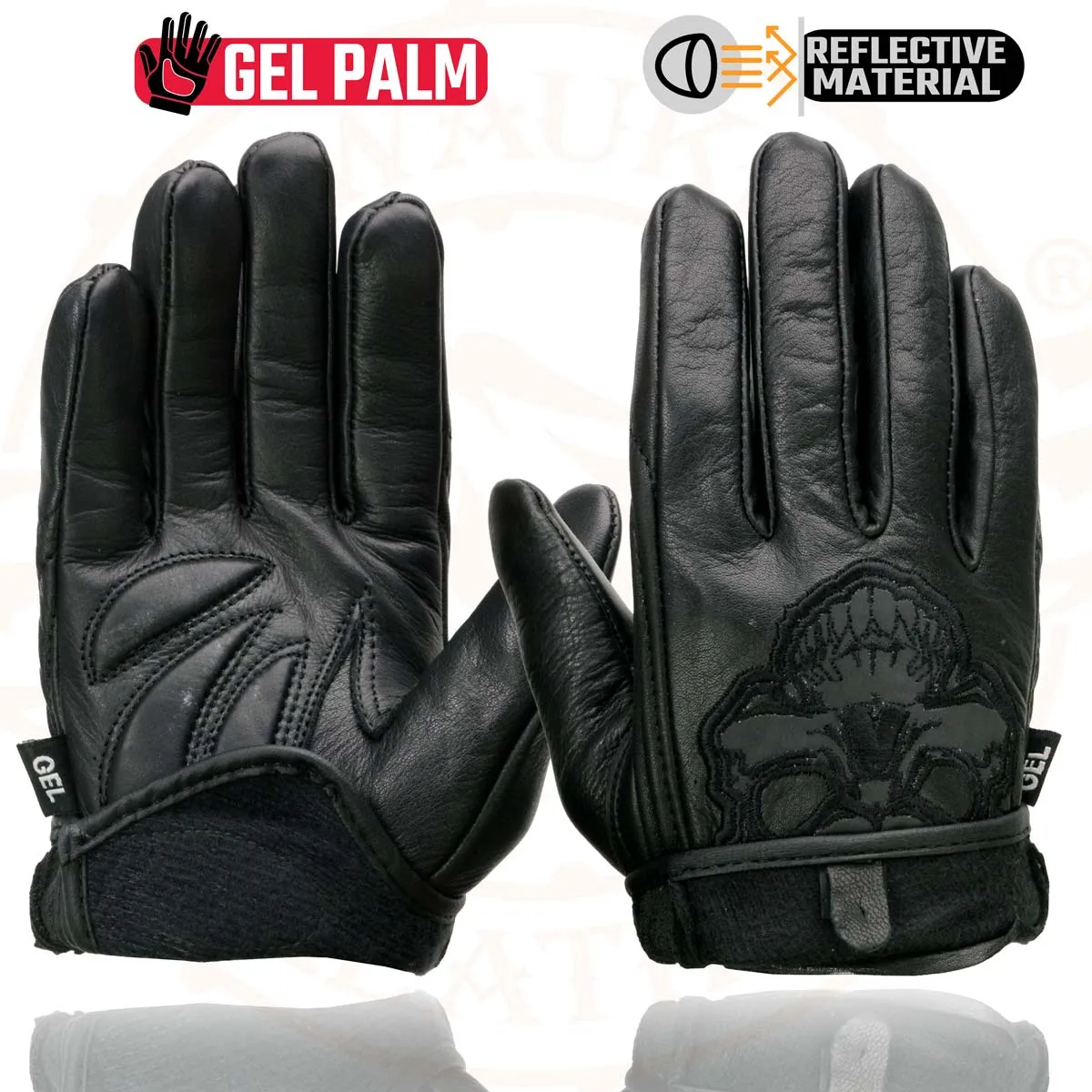 Milwaukee Leather Men's Black Leather ‘Reflective Skull’ Motorcycle Hand Gloves W/Gel Padded Palm MG7570