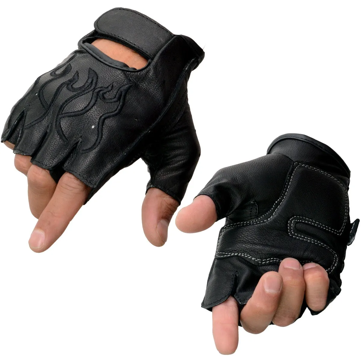 Milwaukee Leather SH198 Men's Black Leather Gel Padded Palm Fingerless Motorcycle Hand Gloves W/ ‘Black Flame Embroidered’