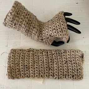 Narrow Dark Speckled Wheat Tweed Tech Wrist Warmers Crochet Knit Spring Fall Winter Gaming Fingerless Gloves Small Teen