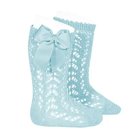 Openwork Knee High Socks with Bow, in Aquamarine 725