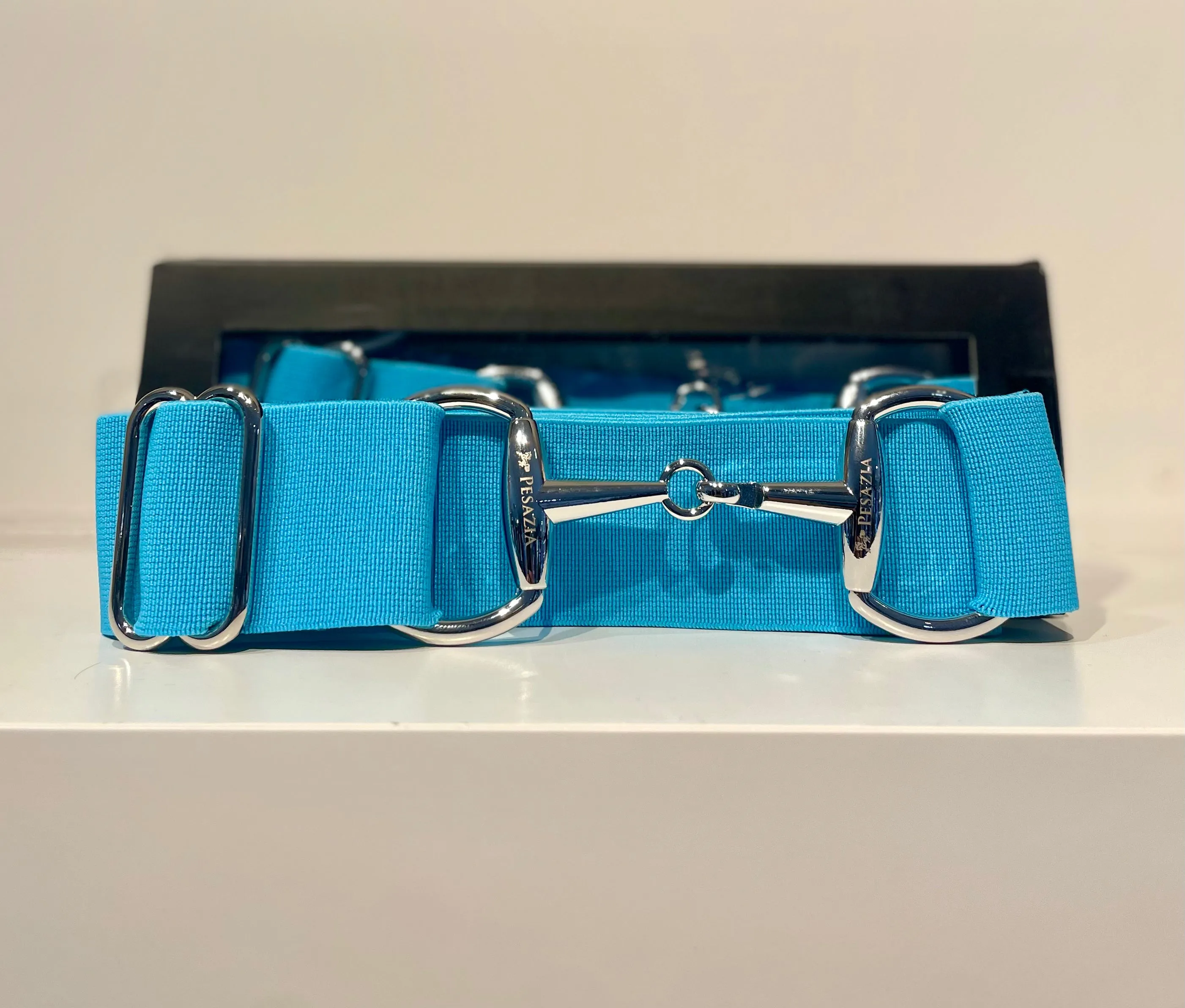 Pesazia - Logo Stretch Bit Belts - Turquoise w/ Silver Snaffle Bit