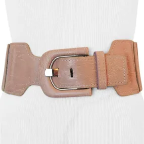 Pink Blush Color Faux Leather Wide Stretch Belt with Elongated Horseshoe Belt Buckle