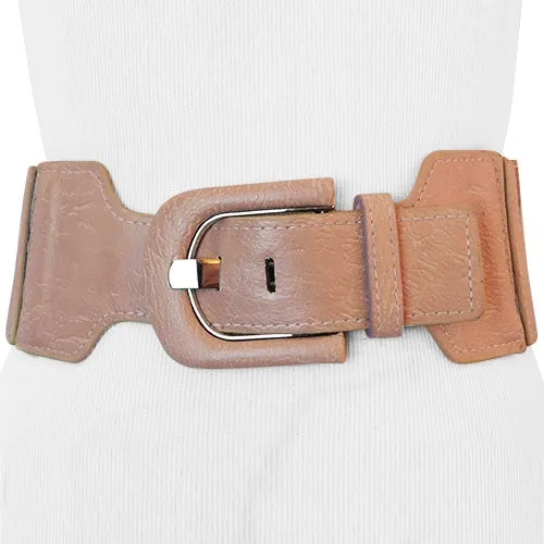 Pink Blush Color Faux Leather Wide Stretch Belt with Elongated Horseshoe Belt Buckle