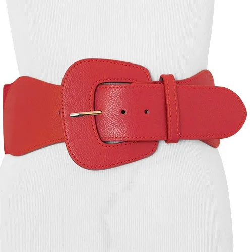 Red Faux Leather Wide Stretch Belt with Covered Belt Buckle