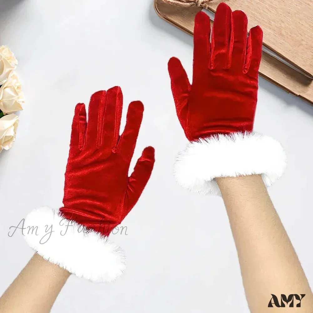 Red Gold Velvet White Plush Full Finger Christmas Party Costume Glove