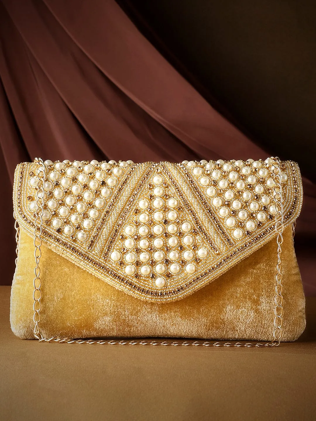 Rubans Beige Clutch with Stone and Pearl Embellishment