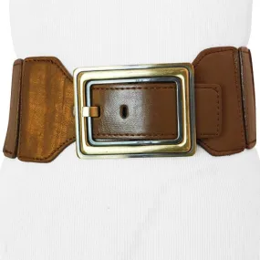 Tan Smooth Wide Stretch Belt with Horizontal Frame Antique Gold Buckle