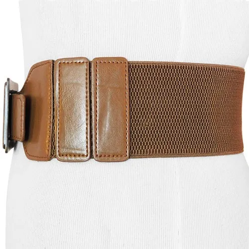 Tan Smooth Wide Stretch Belt with Horizontal Frame Antique Gold Buckle