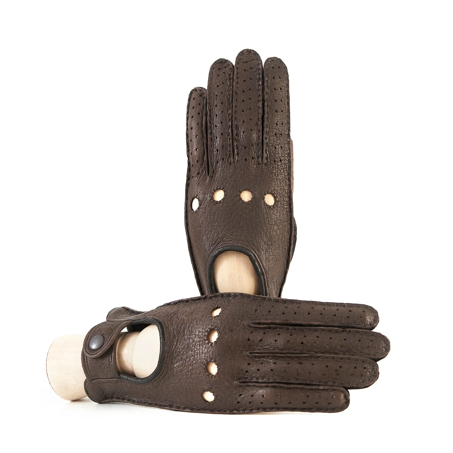 Women's driving gloves in fine perforated peccary leather and without lining